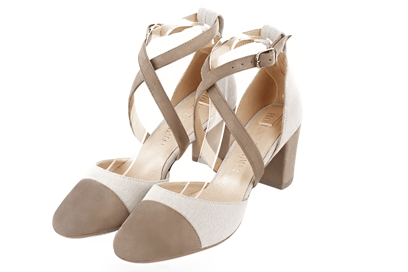Tan beige women's open side shoes, with crossed straps. Round toe. Medium block heels. Front view - Florence KOOIJMAN